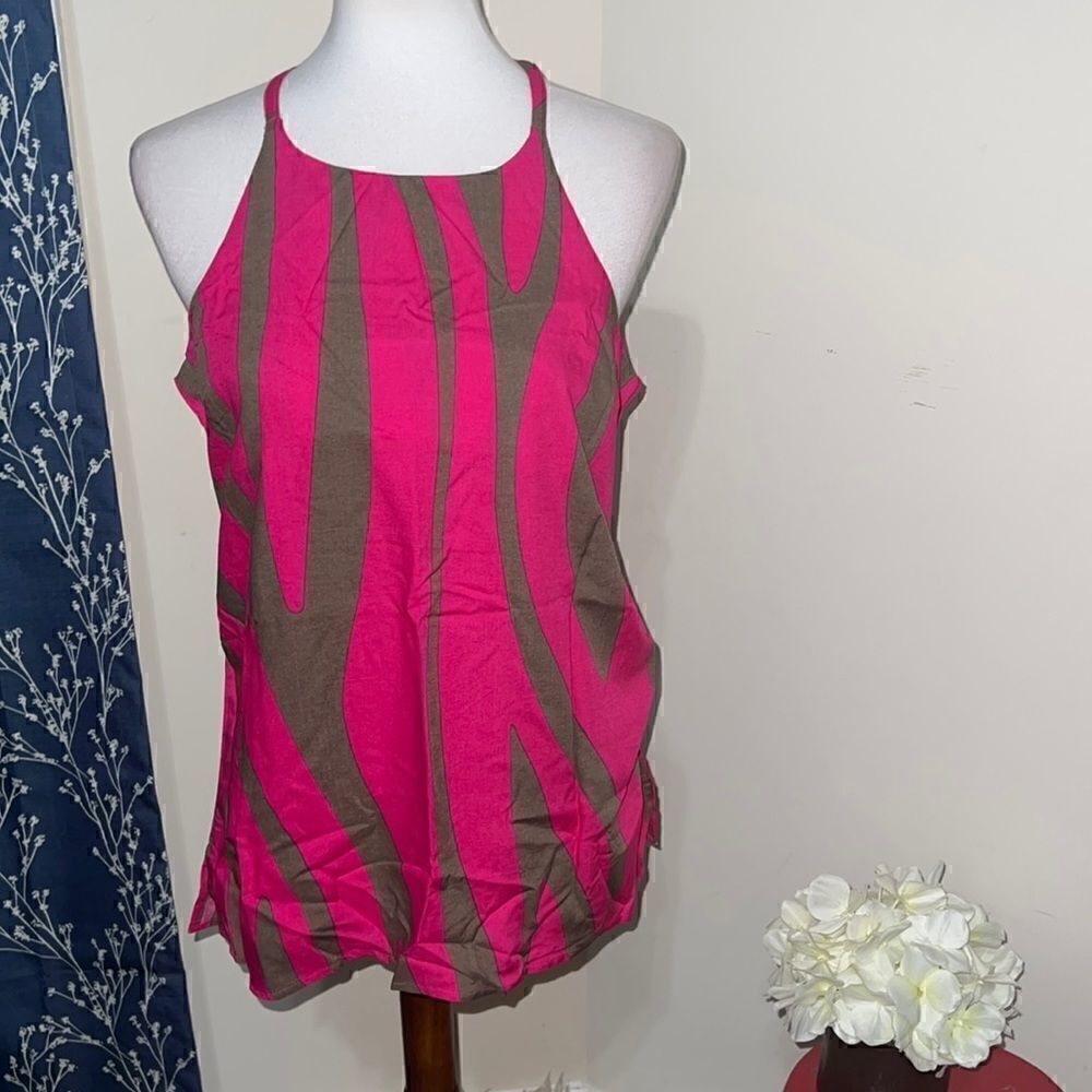 NEW Escapada S/L Britt Top Sleeveless Halter Neck Taupe Pink Kenya Zebra sz M